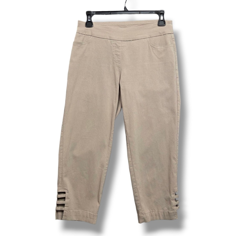 Slim Sation Crop Pants Womens 4 Petite Capri Cutout Hem Beige Pull On Mid Rise